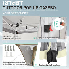 COBIZI 11‘x11'、12'x12' Outdoor Gazebo Pop Up Gazebo Canopy with Mosquito Netting Patio Tent Backyard Canopy with 2-Tiered Vented Top 3 Adjustable Height, Beige