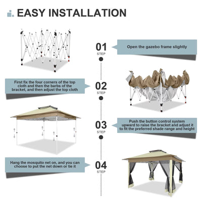 COBIZI 12'x12' Outdoor Gazebo Pop Up Gazebo Canopy with Mosquito Netting Patio Tent Backyard Canopy with 2-Tiered Vented Top 3 Adjustable Height, Beige