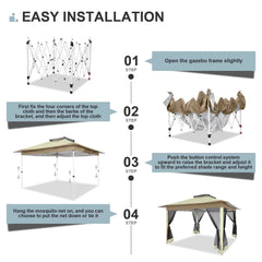 COBIZI 11‘x11'、12'x12' Outdoor Gazebo Pop Up Gazebo Canopy with Mosquito Netting Patio Tent Backyard Canopy with 2-Tiered Vented Top 3 Adjustable Height, Beige