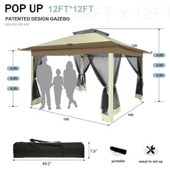 COBIZI 11‘x11'、12'x12' Outdoor Gazebo Pop Up Gazebo Canopy with Mosquito Netting Patio Tent Backyard Canopy with 2-Tiered Vented Top 3 Adjustable Height, Beige