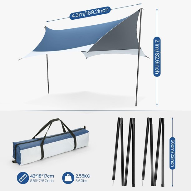 COBIZI 12x14FT Camping Tarp Waterproof Hammock Rain Fly UV UPF50+ Tent Tarp for Under Tent,Outdoor,Traveling, Hilking and Backpacking Trips, Blue & White