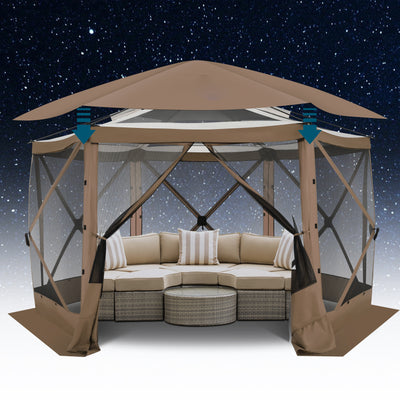 HOTEEL 12' x 12' Portable Pop-Up Outdoor Camping Gazebo, Screen Room with Mosquito Nettings, Waterproof, UV, Hub Tent Instant Screened Tent Canopy Shelter with Ground Stakes & Carry Bag, Beige