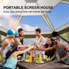 HOTEEL 12' x 12' Portable Pop-Up Outdoor Camping Gazebo, Screen Room with Mosquito Nettings, Waterproof, UV, Hub Tent Instant Screened Tent Canopy Shelter with Ground Stakes & Carry Bag, Beige