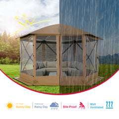 HOTEEL 12' x 12' Portable Pop-Up Outdoor Camping Gazebo, Screen Room with Mosquito Nettings, Waterproof, UV, Hub Tent Instant Screened Tent Canopy Shelter with Ground Stakes & Carry Bag, Beige