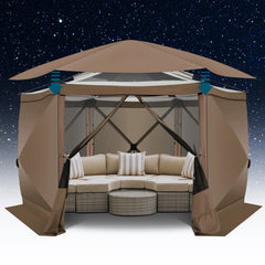HOTEEL 12x12ft Camping Gazebo Screen Tent, 6 Sided Pop-up Canopy Shelter Tent with Mesh Windows, Portable Carry Bag, Stakes, Waterproof, UV 50+, Large Shade Tents for Outdoor Camping, Backyard, Beige