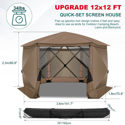 HOTEEL 12x12ft Camping Gazebo Screen Tent, 6 Sided Pop-up Canopy Shelter Tent with Mesh Windows, Portable Carry Bag, Stakes, Waterproof, UV 50+, Large Shade Tents for Outdoor Camping, Backyard, Beige