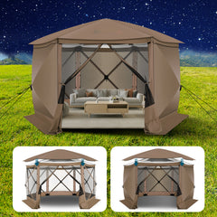 HOTEEL 12x12ft Camping Gazebo Screen Tent, 6 Sided Pop-up Canopy Shelter Tent with Mesh Windows, Portable Carry Bag, Stakes, Waterproof, UV 50+, Large Shade Tents for Outdoor Camping, Backyard, Beige