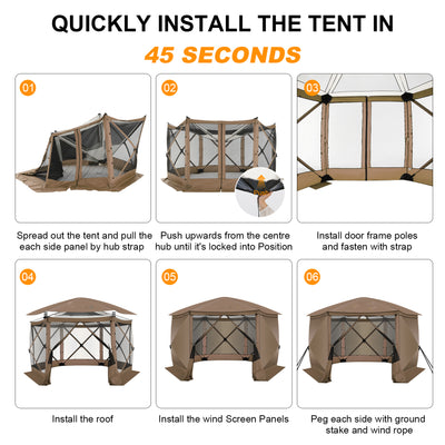 HOTEEL 12x12ft Camping Gazebo Screen Tent, 6 Sided Pop-up Canopy Shelter Tent with Mesh Windows, Portable Carry Bag, Stakes, Waterproof, UV 50+, Large Shade Tents for Outdoor Camping, Backyard, Beige