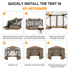HOTEEL 12x12ft Camping Gazebo Screen Tent, 6 Sided Pop-up Canopy Shelter Tent with Mesh Windows, Portable Carry Bag, Stakes, Waterproof, UV 50+, Large Shade Tents for Outdoor Camping, Backyard, Beige