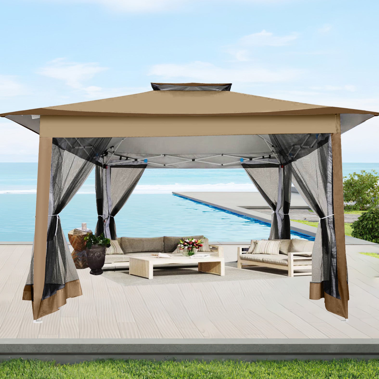 HOTEEL 12'x12' Pop Up Gazebo Patio Outdoor Canopy Tent with 8 Mosquito Nettings, Adjustable Height and 144 Square ft of Shade for Garden, Party, Backyard with Vented Top, Gray