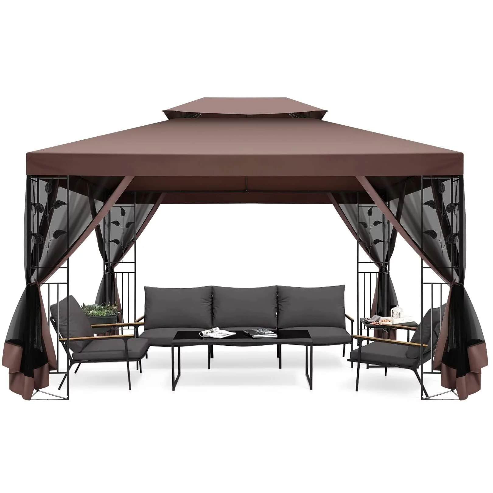 COBIZI 10' x 13' Pop Up Gazebo, Outdoor Steel Double Roof Canopy, Metal Frame Pavilion with Mosquito Netting, Sunshade for Garden, Patio, Lawns, Gray