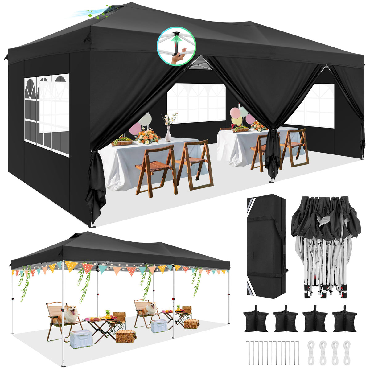COBIZI 10' x 20' pop-up patio umbrella with side walls, waterproof canopy tent with reinforced poles, easy to set up, includes sandbags, suitable for backyards, camping, weddings, and more
