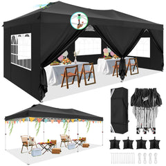 COBIZI 10' x 20' pop-up patio umbrella with side walls, waterproof canopy tent with reinforced poles, easy to set up, includes sandbags, suitable for backyards, camping, weddings, and more