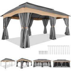COBIZI Heavy Duty 12'x20' Metal Patio Gazebo Outdoor Gazebo Canopy Tent with 6 Mosquito Netting and Curtains Gazebos Shelter 100% Waterproof with Double Roof for Party, Backyard, Deck, Garden, Gray