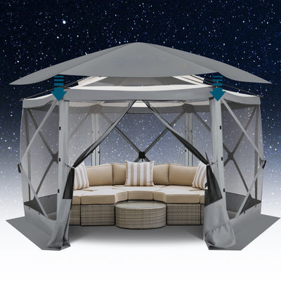 HOTEEL 12' x 12' Portable Pop-Up Outdoor Camping Gazebo, Screen Room with Mosquito Nettings, Waterproof, UV, Hub Tent Instant Screened Tent Canopy Shelter with Ground Stakes & Carry Bag, Beige