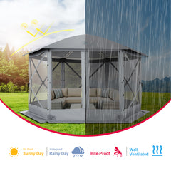 HOTEEL 12' x 12' Portable Pop-Up Outdoor Camping Gazebo, Screen Room with Mosquito Nettings, Waterproof, UV, Hub Tent Instant Screened Tent Canopy Shelter with Ground Stakes & Carry Bag, Beige