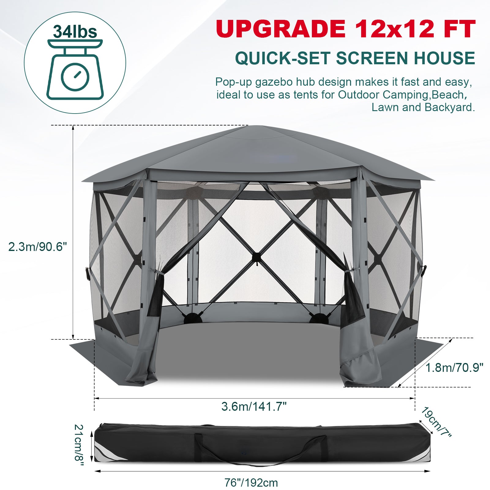 HOTEEL 12' x 12' Portable Pop-Up Outdoor Camping Gazebo, Screen Room with Mosquito Nettings, Waterproof, UV, Hub Tent Instant Screened Tent Canopy Shelter with Ground Stakes & Carry Bag, Beige