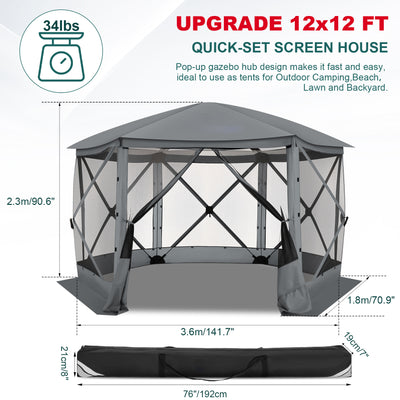 HOTEEL 12' x 12' Portable Pop-Up Outdoor Camping Gazebo, Screen Room with Mosquito Nettings, Waterproof, UV, Hub Tent Instant Screened Tent Canopy Shelter with Ground Stakes & Carry Bag, Beige