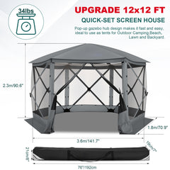 HOTEEL 12' x 12' Portable Pop-Up Outdoor Camping Gazebo, Screen Room with Mosquito Nettings, Waterproof, UV, Hub Tent Instant Screened Tent Canopy Shelter with Ground Stakes & Carry Bag, Beige