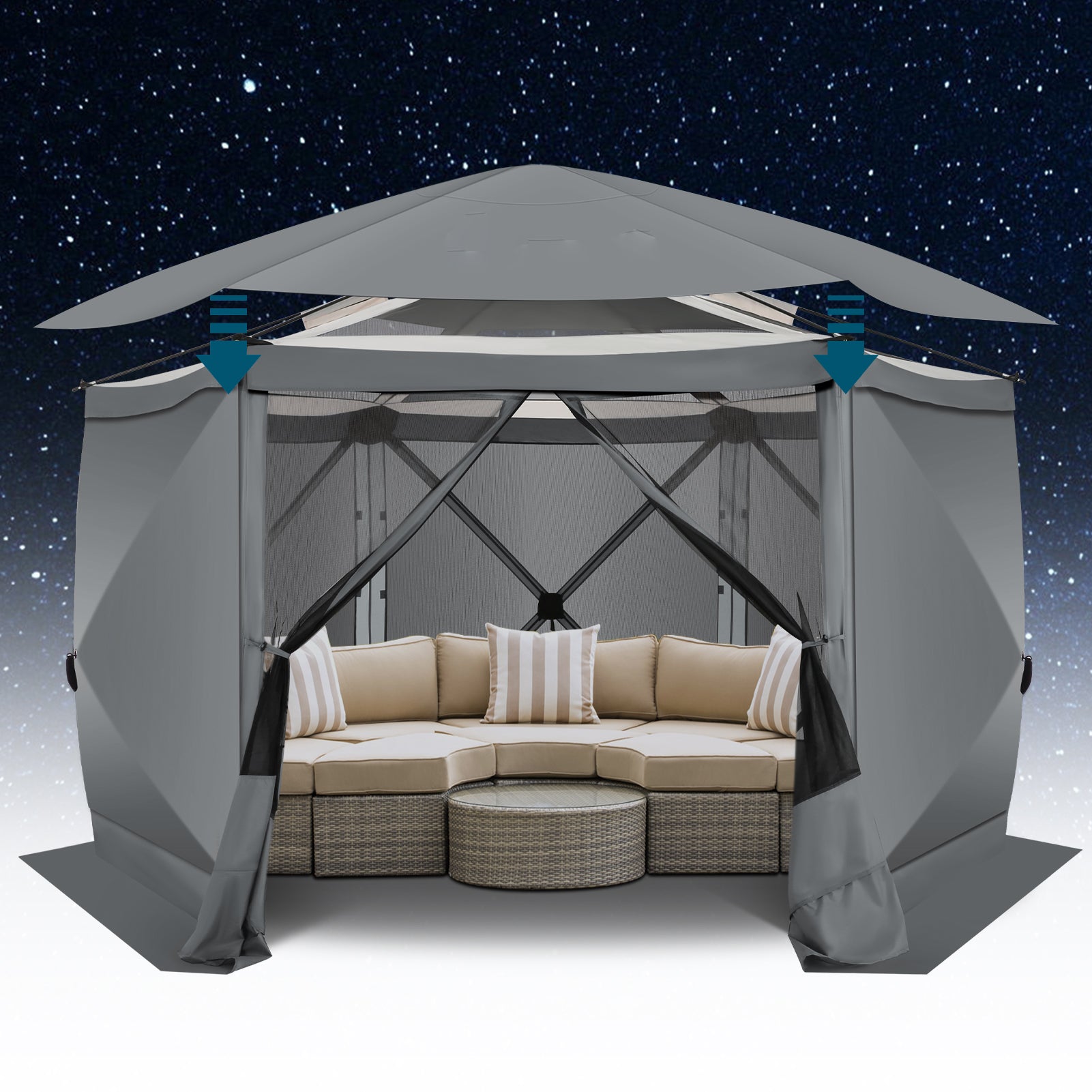 HOTEEL 12x12ft Camping Gazebo Screen Tent, 6 Sided Pop-up Canopy Shelter Tent with Mesh Windows, Portable Carry Bag, Stakes, Waterproof, UV 50+, Large Shade Tents for Outdoor Camping, Backyard, Beige