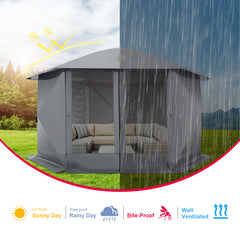 HOTEEL 12x12ft Camping Gazebo Screen Tent, 6 Sided Pop-up Canopy Shelter Tent with Mesh Windows, Portable Carry Bag, Stakes, Waterproof, UV 50+, Large Shade Tents for Outdoor Camping, Backyard, Beige