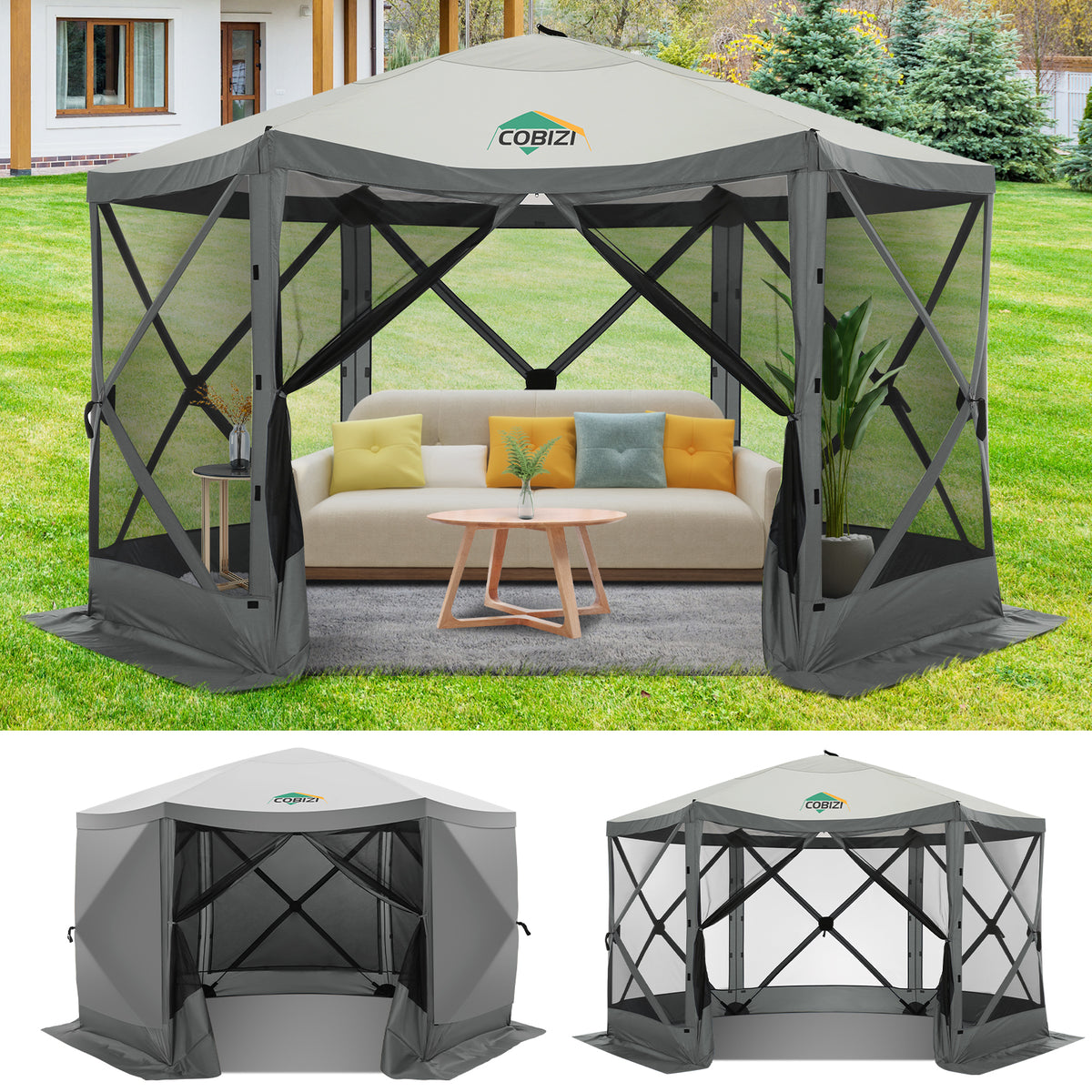 HOTEEL 15x15 ft Pop Up Gazebo Screen House Tent for Camping with 3 Sidewalls and Mosquito Netting, Waterproof, UV Resistant, Portable Carry Bag, for Outdoor Camping, Lawn and Backyard, Brown