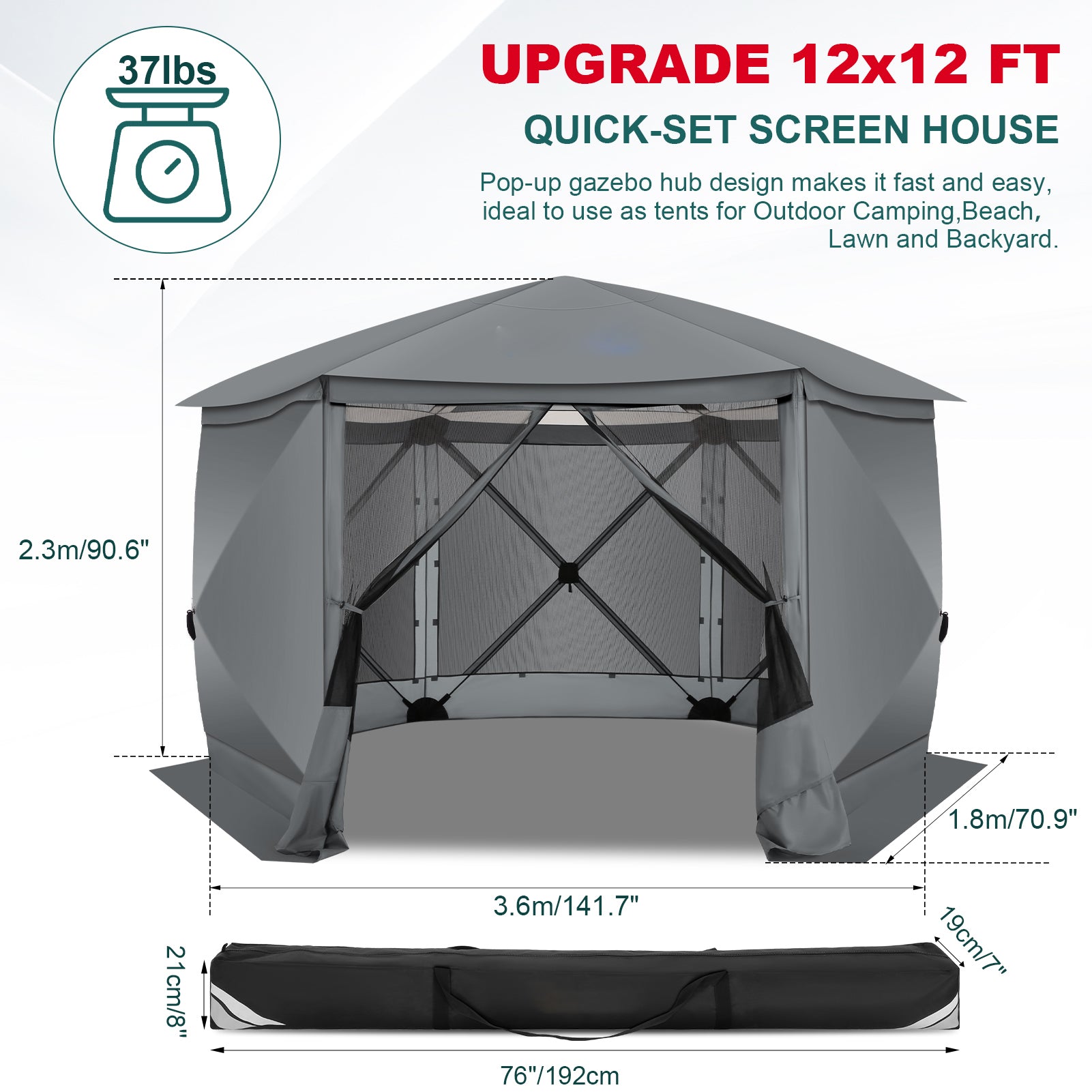 HOTEEL 12x12ft Camping Gazebo Screen Tent, 6 Sided Pop-up Canopy Shelter Tent with Mesh Windows, Portable Carry Bag, Stakes, Waterproof, UV 50+, Large Shade Tents for Outdoor Camping, Backyard, Beige