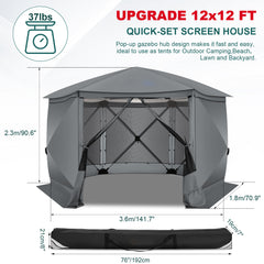HOTEEL 12x12ft Camping Gazebo Screen Tent, 6 Sided Pop-up Canopy Shelter Tent with Mesh Windows, Portable Carry Bag, Stakes, Waterproof, UV 50+, Large Shade Tents for Outdoor Camping, Backyard, Beige