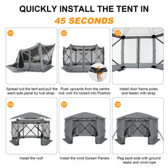 HOTEEL 12x12ft Camping Gazebo Screen Tent, 6 Sided Pop-up Canopy Shelter Tent with Mesh Windows, Portable Carry Bag, Stakes, Waterproof, UV 50+, Large Shade Tents for Outdoor Camping, Backyard, Beige