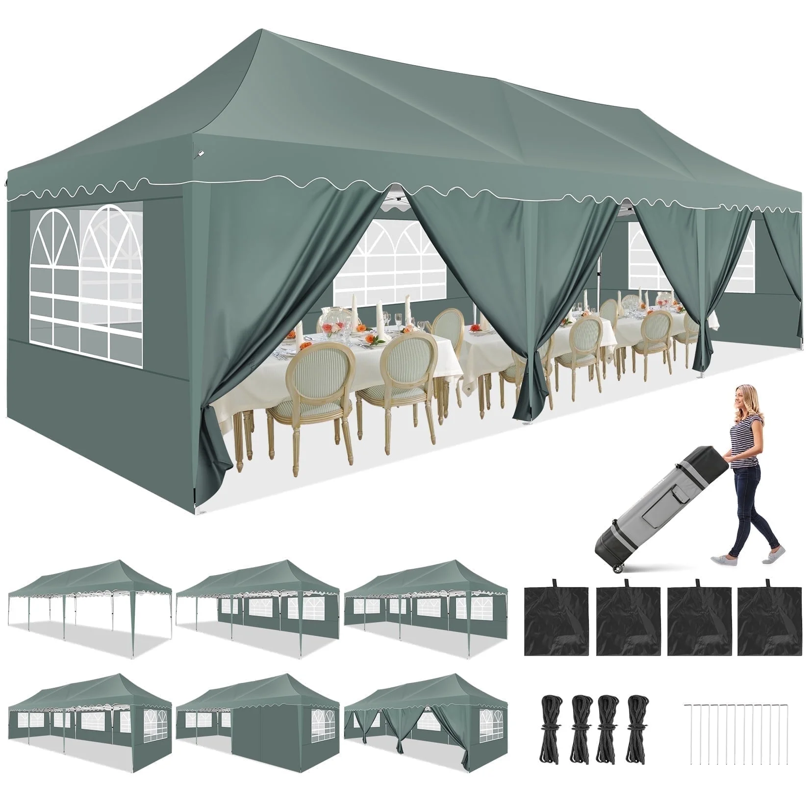 HOTEEL 10x30 Pop Up Canopy Tent with 8 Sidewalls,Heavy Duty Wedding Event Tents,Party Gazebo with Roller Bag,UPF 50+ Windproof Waterproof