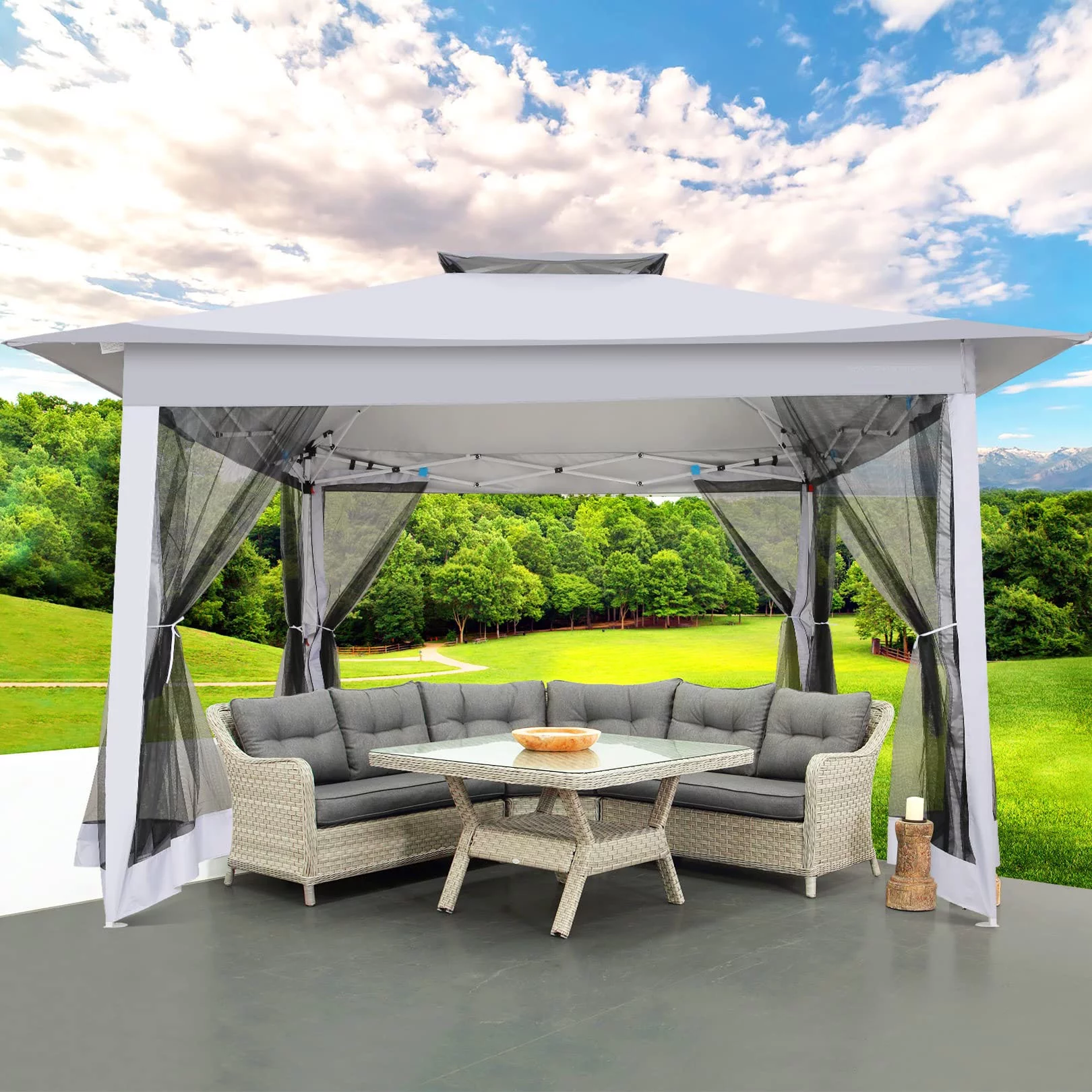 COBIZI 12'x12' Outdoor Gazebo Pop Up Gazebo Canopy with Mosquito Netting Patio Tent Backyard Canopy with 2-Tiered Vented Top 3 Adjustable Height, Beige