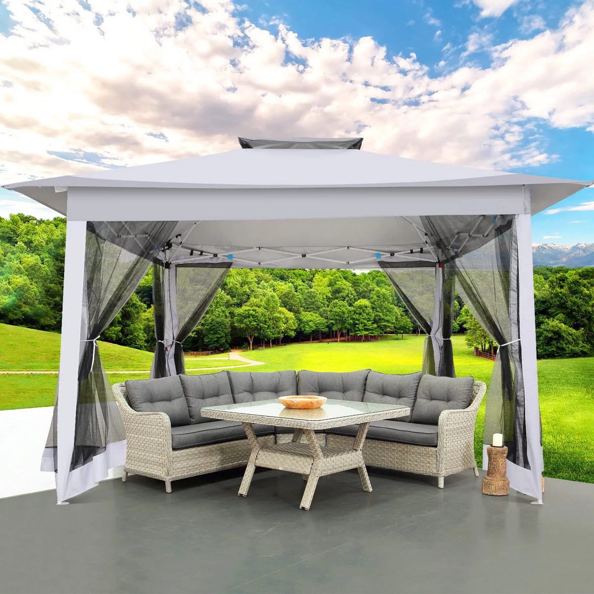 COBIZI 11‘x11'、12'x12' Outdoor Gazebo Pop Up Gazebo Canopy with Mosquito Netting Patio Tent Backyard Canopy with 2-Tiered Vented Top 3 Adjustable Height, Beige