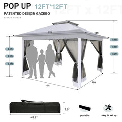 COBIZI 11‘x11'、12'x12' Outdoor Gazebo Pop Up Gazebo Canopy with Mosquito Netting Patio Tent Backyard Canopy with 2-Tiered Vented Top 3 Adjustable Height, Beige