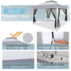 COBIZI 11‘x11'、12'x12' Outdoor Gazebo Pop Up Gazebo Canopy with Mosquito Netting Patio Tent Backyard Canopy with 2-Tiered Vented Top 3 Adjustable Height, Beige