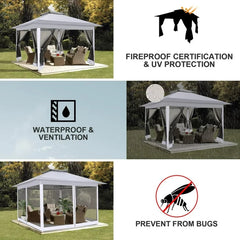 COBIZI 11‘x11'、12'x12' Outdoor Gazebo Pop Up Gazebo Canopy with Mosquito Netting Patio Tent Backyard Canopy with 2-Tiered Vented Top 3 Adjustable Height, Beige