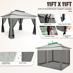 COBIZI Outdoor Canopy Gazebo 11x11 Pop Up Gazebo Patio Gazebo with Mosquito Netting Outdoor Canopy Shelter with 121 Square Feet of Shade for Outdoor Lawn, Garden, Backyard and Deck, Gray