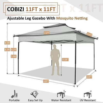 COBIZI Gazebo Canopy Tent, Pop Up Canopy 11x11 Tents for Parties, Outdoor Gazebo with Mosquito Netting and Vented Roof, Screen House for Garden Patio Backyard, Khaki