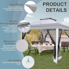 COBIZI 11‘x11'、12'x12' Outdoor Gazebo Pop Up Gazebo Canopy with Mosquito Netting Patio Tent Backyard Canopy with 2-Tiered Vented Top 3 Adjustable Height, Beige