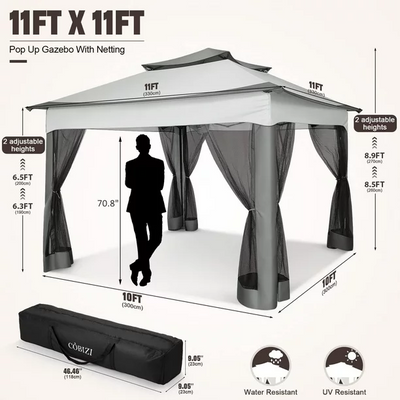 COBIZI Outdoor Canopy Gazebo 11x11 Pop Up Gazebo Patio Gazebo with Mosquito Netting Outdoor Canopy Shelter with 121 Square Feet of Shade for Outdoor Lawn, Garden, Backyard and Deck, Gray
