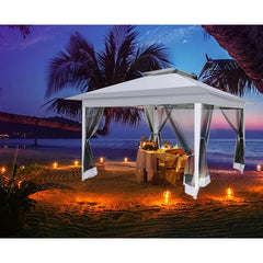 COBIZI 11‘x11'、12'x12' Outdoor Gazebo Pop Up Gazebo Canopy with Mosquito Netting Patio Tent Backyard Canopy with 2-Tiered Vented Top 3 Adjustable Height, Beige