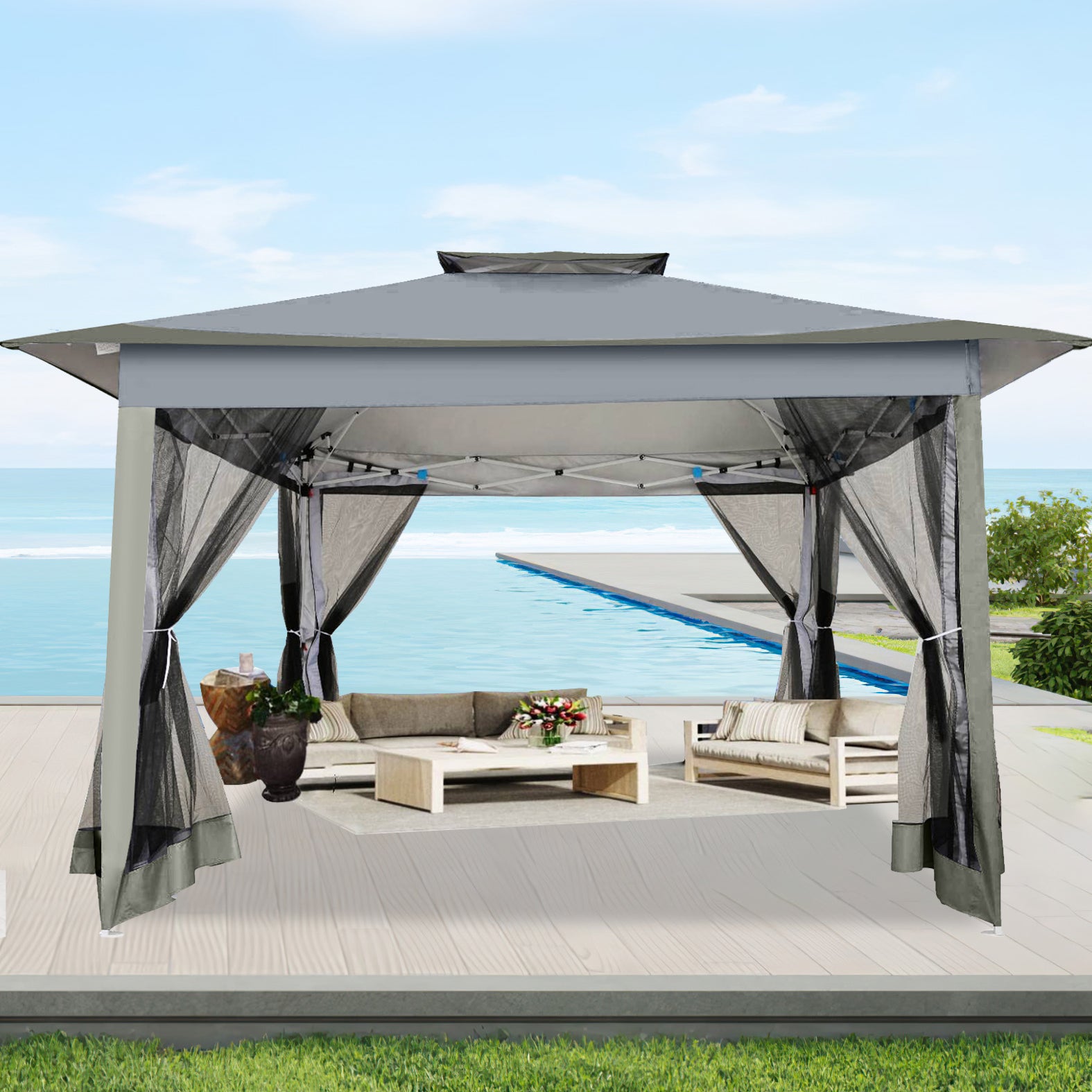 HOTEEL 12'x12' Pop Up Gazebo Patio Outdoor Canopy Tent with 8 Mosquito Nettings, Adjustable Height and 144 Square ft of Shade for Garden, Party, Backyard with Vented Top, Gray