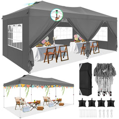 COBIZI 10' x 20' pop-up patio umbrella with side walls, waterproof canopy tent with reinforced poles, easy to set up, includes sandbags, suitable for backyards, camping, weddings, and more