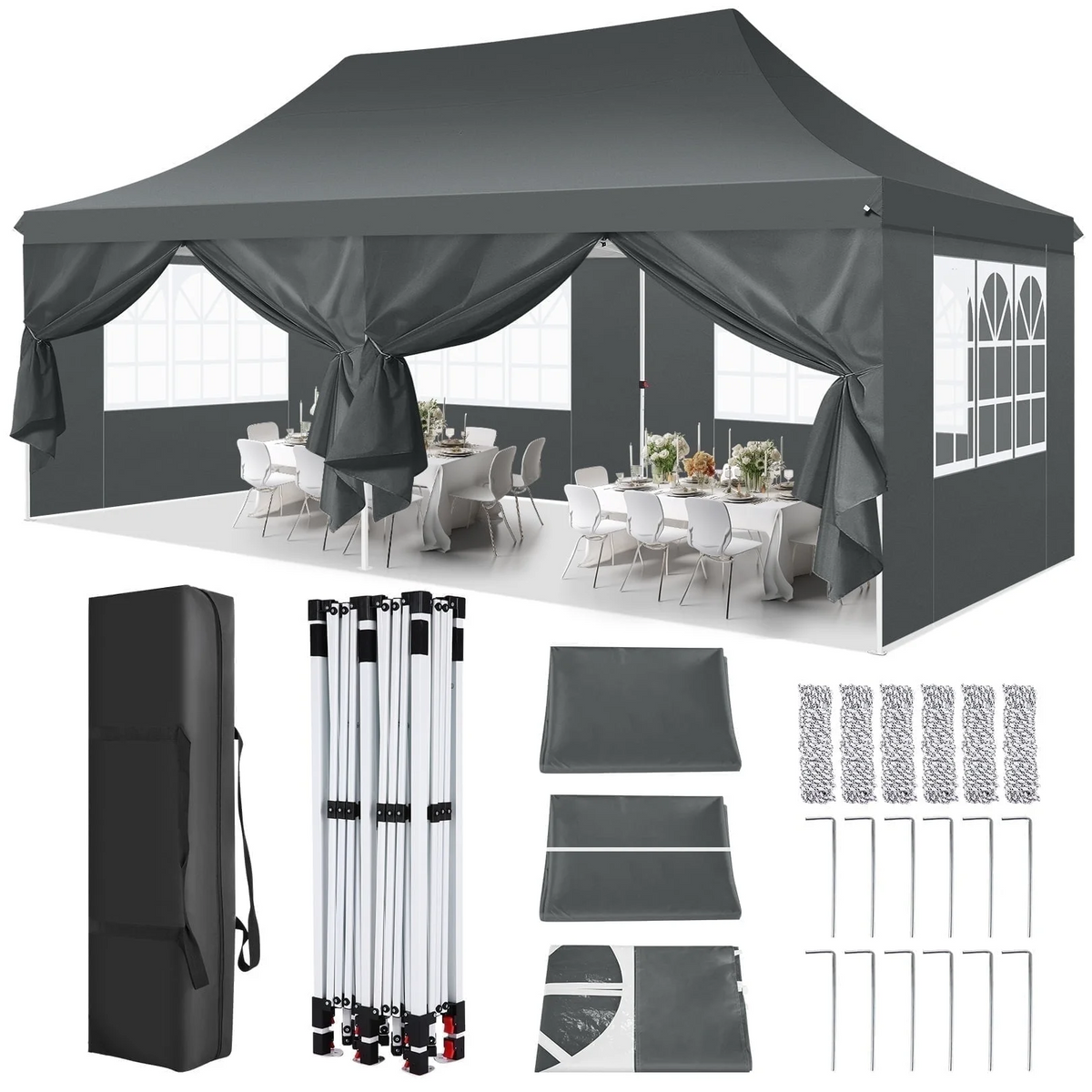HOTEEL 10'x20' Pop up Canopy Tent with 6 Removable Sidewalls, Instant Outdoor Canopy Shelter with Upgrade Raised Roof and Carry Bag,Black