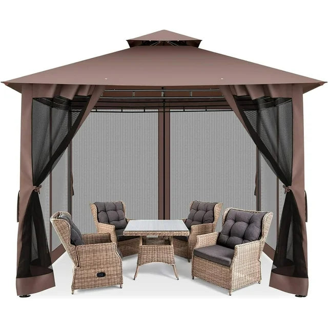 COBIZI 10'x10'Canopy with Mosquito Netting,Shade Tent for Party, Outdoor Activities, Backyard, Patio Lawn & Garden,Brown