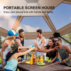 HOTEEL 12x12ft Camping Gazebo Screen Tent, 6 Sided Pop-up Canopy Shelter Tent with Mesh Windows, Portable Carry Bag, Stakes, Waterproof, UV 50+, Large Shade Tents for Outdoor Camping, Backyard, Beige
