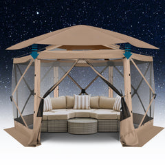 HOTEEL 12' x 12' Portable Pop-Up Outdoor Camping Gazebo, Screen Room with Mosquito Nettings, Waterproof, UV, Hub Tent Instant Screened Tent Canopy Shelter with Ground Stakes & Carry Bag, Beige