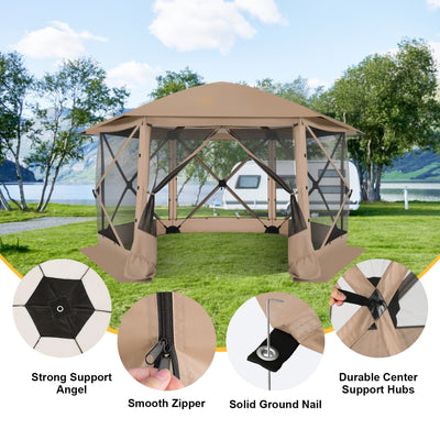 HOTEEL 12' x 12' Portable Pop-Up Outdoor Camping Gazebo, Screen Room with Mosquito Nettings, Waterproof, UV, Hub Tent Instant Screened Tent Canopy Shelter with Ground Stakes & Carry Bag, Beige