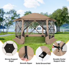 HOTEEL 12' x 12' Portable Pop-Up Outdoor Camping Gazebo, Screen Room with Mosquito Nettings, Waterproof, UV, Hub Tent Instant Screened Tent Canopy Shelter with Ground Stakes & Carry Bag, Beige