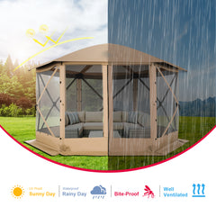 HOTEEL 12' x 12' Portable Pop-Up Outdoor Camping Gazebo, Screen Room with Mosquito Nettings, Waterproof, UV, Hub Tent Instant Screened Tent Canopy Shelter with Ground Stakes & Carry Bag, Beige