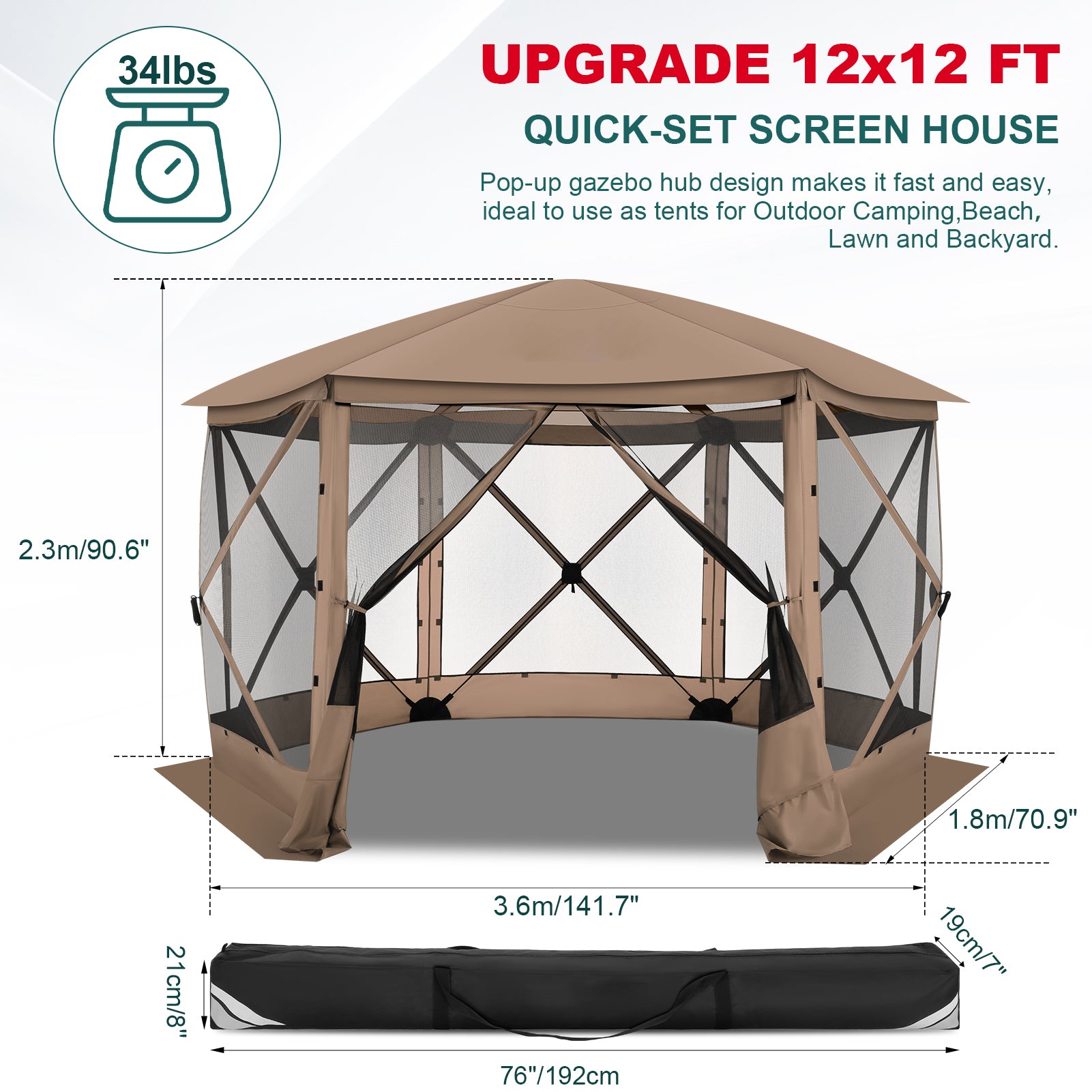 HOTEEL 12' x 12' Portable Pop-Up Outdoor Camping Gazebo, Screen Room with Mosquito Nettings, Waterproof, UV, Hub Tent Instant Screened Tent Canopy Shelter with Ground Stakes & Carry Bag, Beige